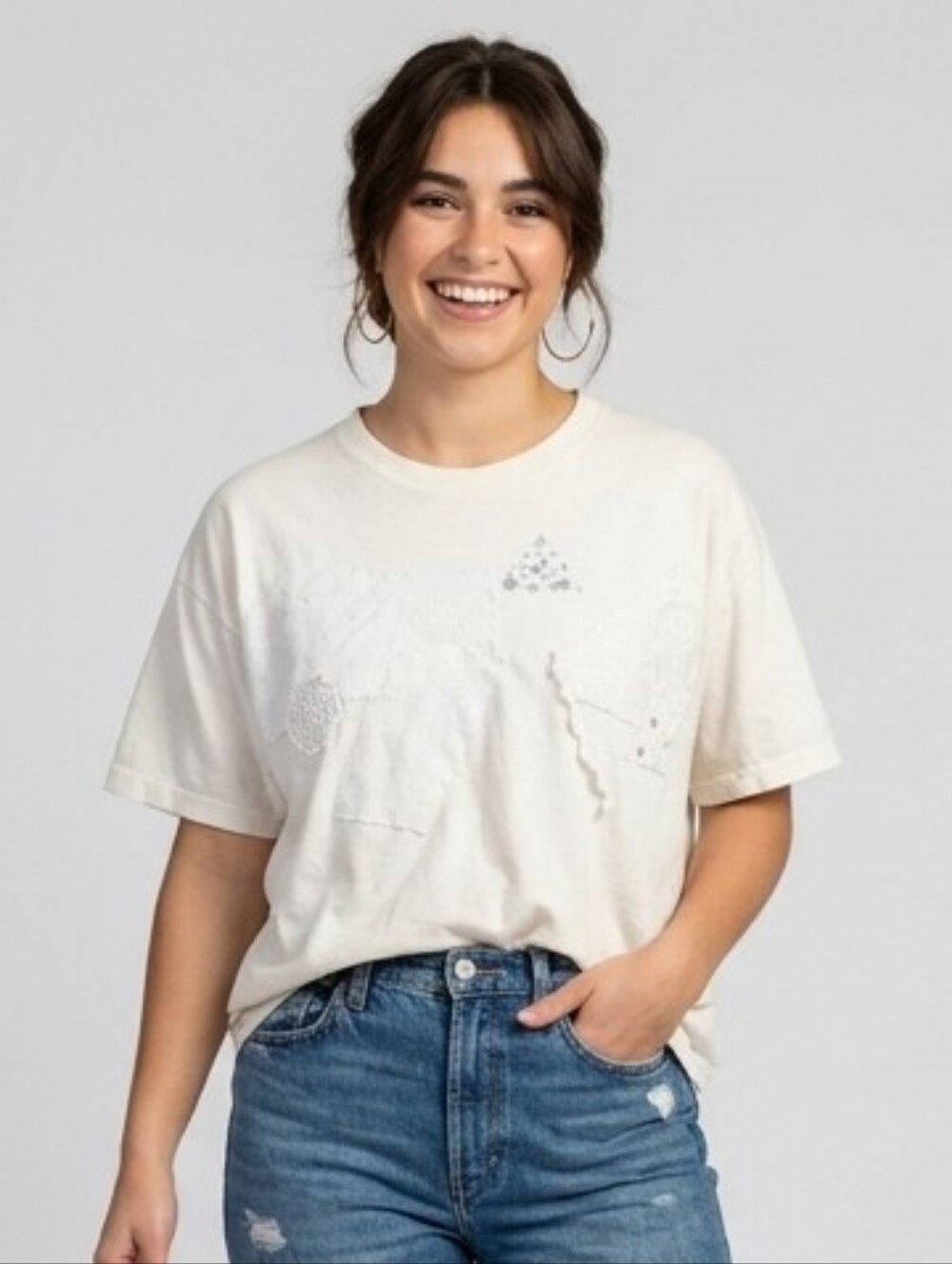Cream Short Sleeve Graphic Tee - Casual Crew Neck